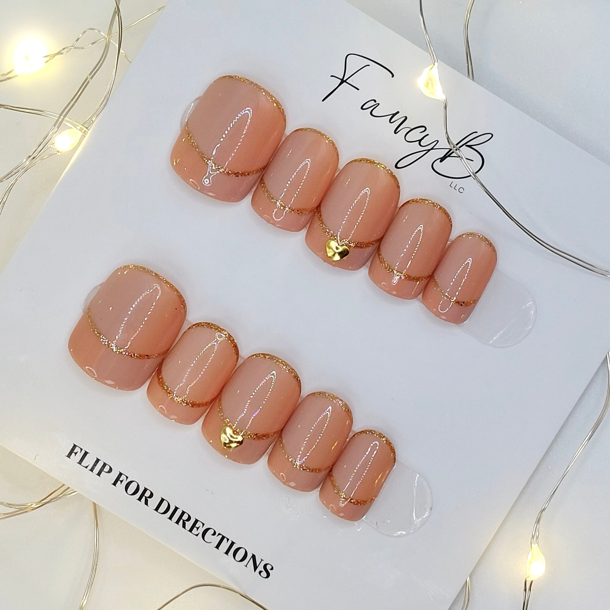 Gold Chrome French Outline Nails - (20pcs) Short Squoval