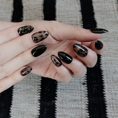 Black Leopard Nails (24pcs) - Short Almond