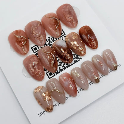 Floral Fantasy, Marble &amp; Gold Nails (24pcs)