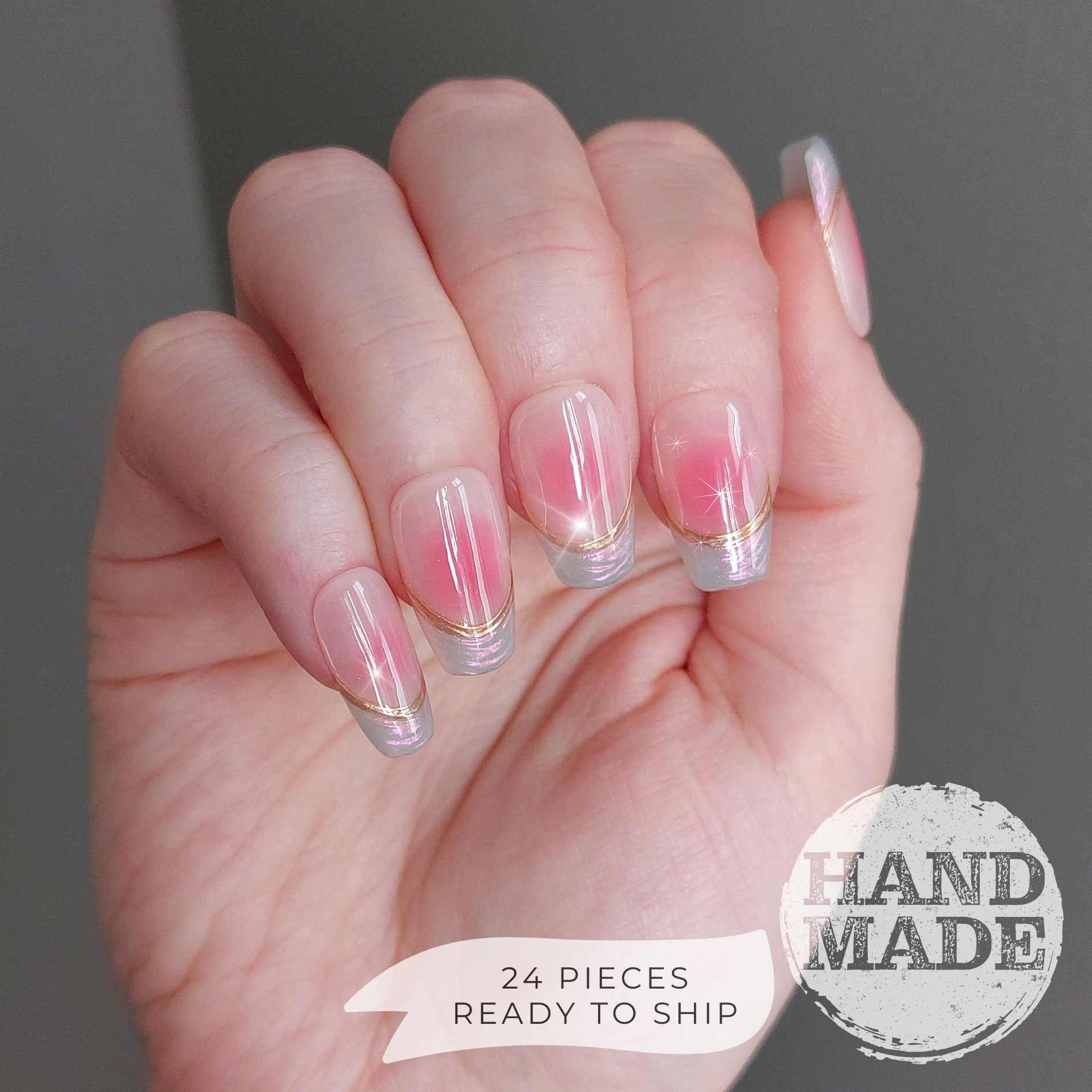 Blush jelly nails, blush press on nails with pink center and nude base gel, gold chrome french lines and pearl french tips, reusable nails. FancyB press on nails shown in short coffin.