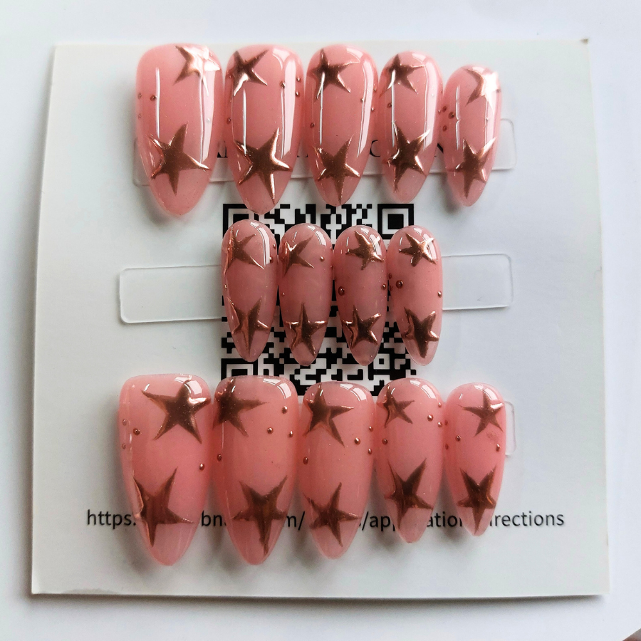 Pink Chrome Star Nails (24pcs) - Medium Stiletto