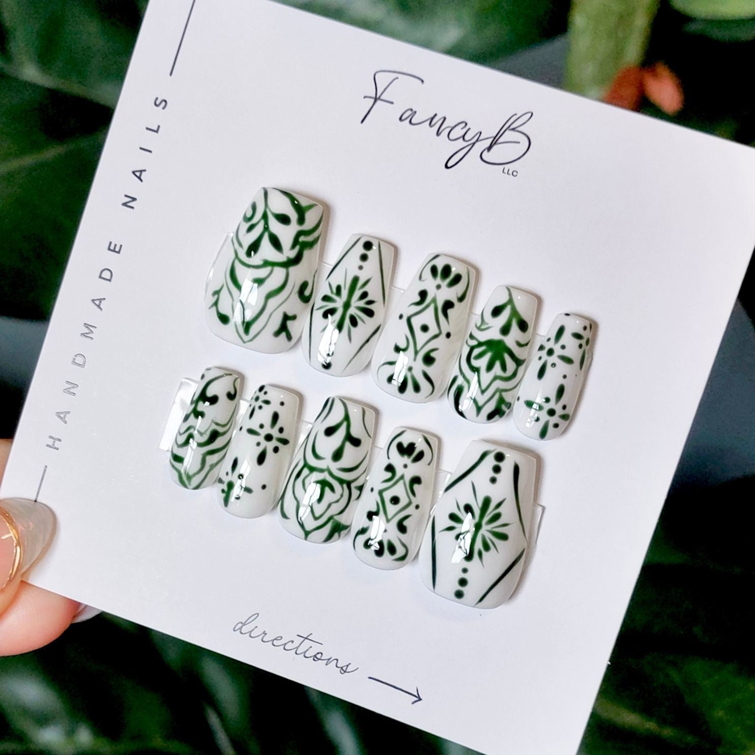 Spanish tile nails, spanish tile press on nails in short coffin nails, reusable, salon quality press ons from FancyB nails. Hand painted spanish tile nail designs