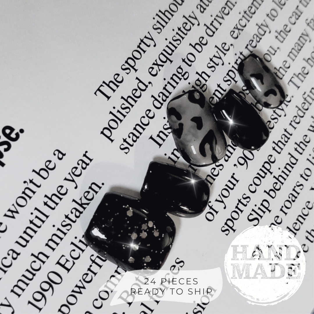 Black Leopard Nails (24pcs) - Short Square
