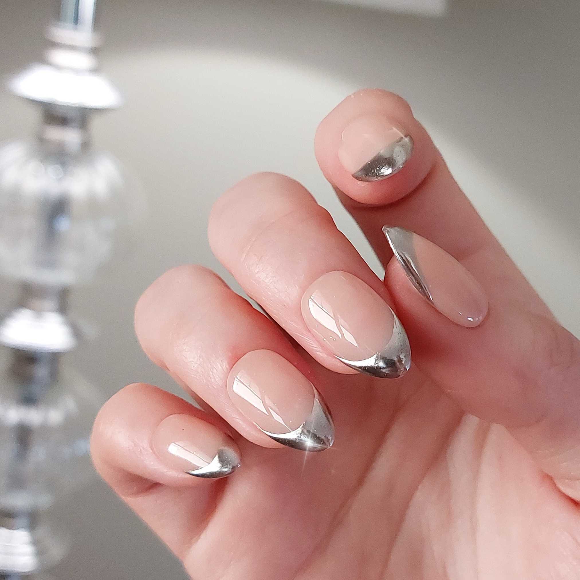 custom chrome tip french press on nails in short almond, chrome french reusable glue on nails, handmade nails by fancyb nails