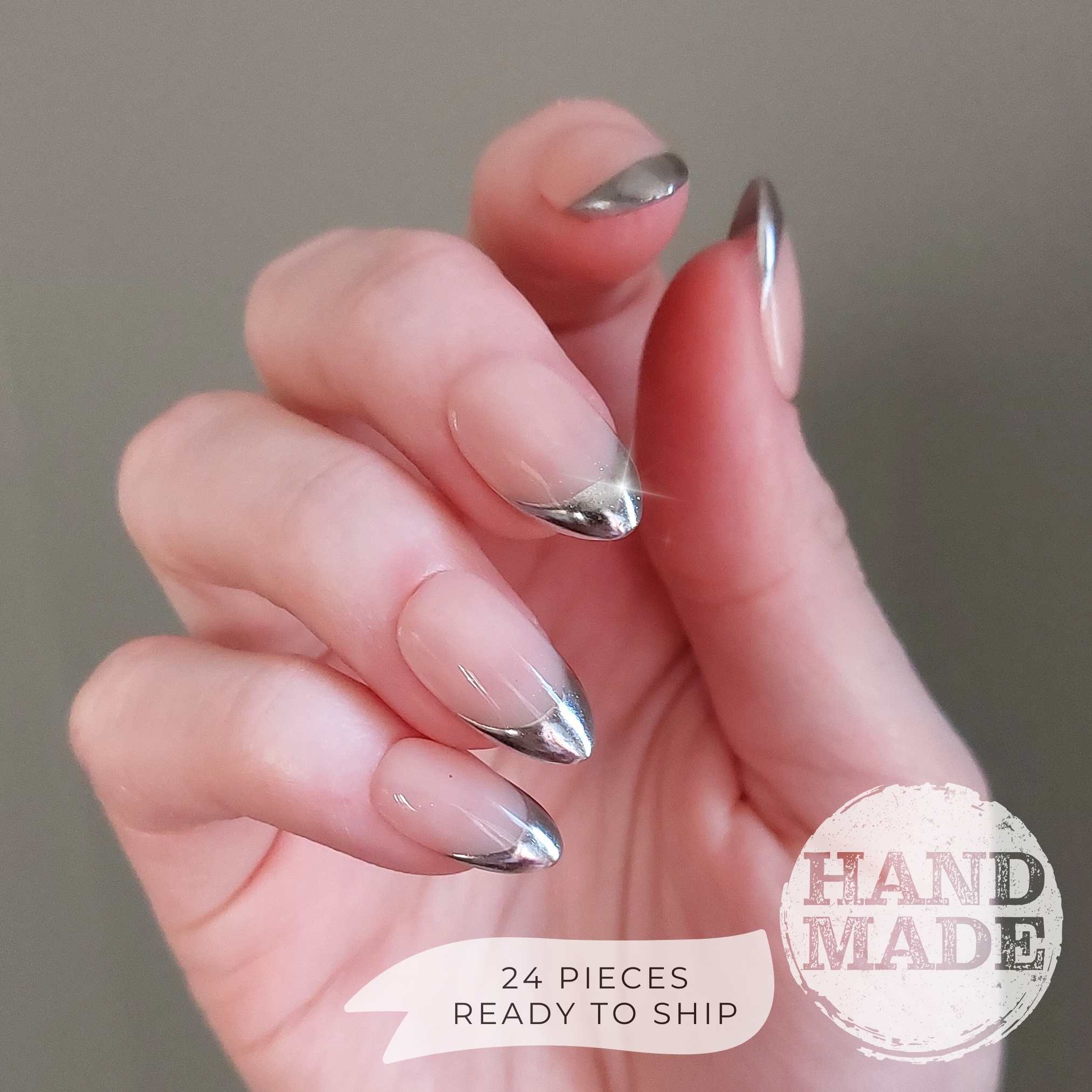 Smooth Chrome French Tip Nails (24pcs) - Short Coffin