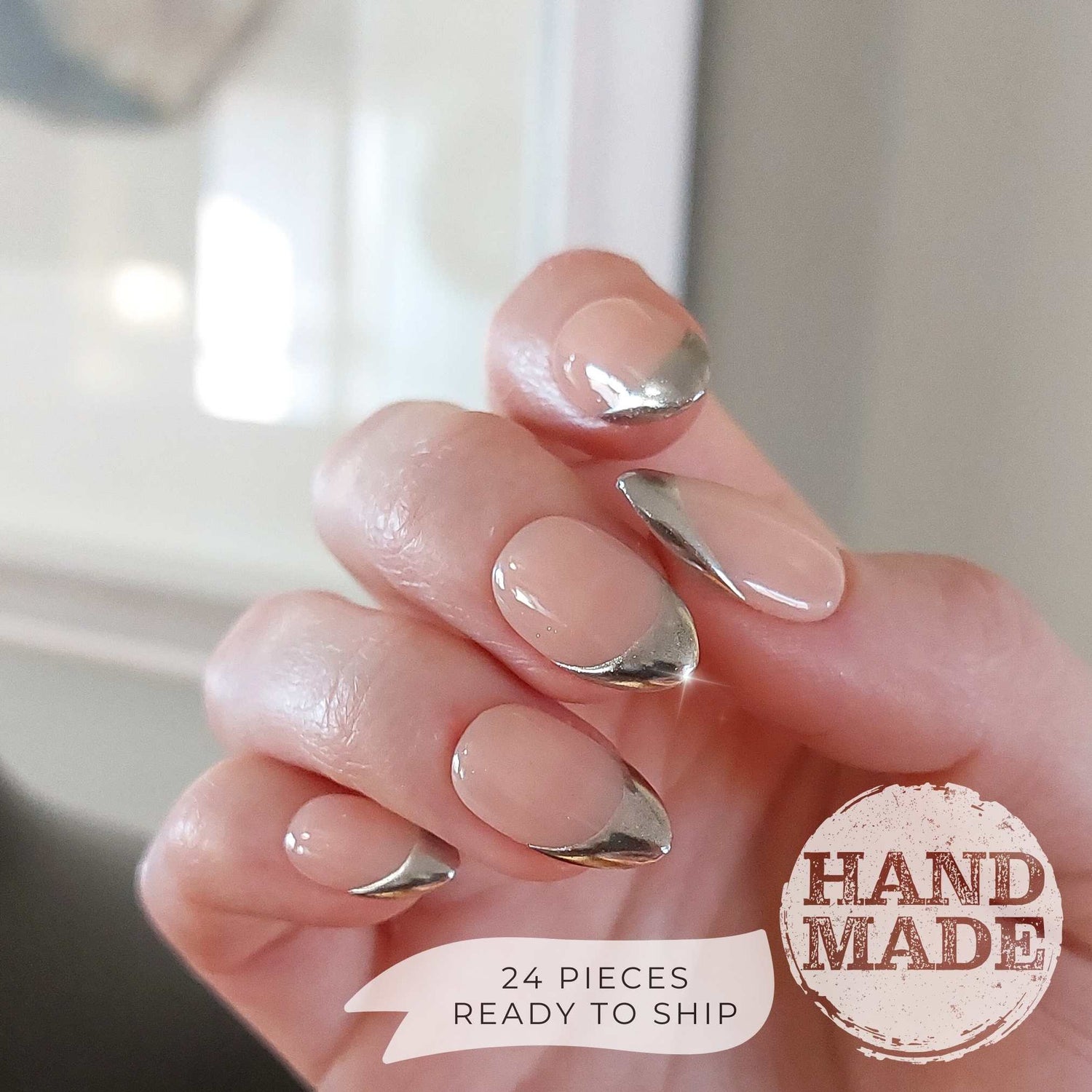 Smooth Chrome French Tip Nails (24pcs) - Short Almond
