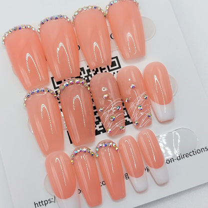 Pink Jelly Crystal Gem Nails (24pcs) - Medium Coffin