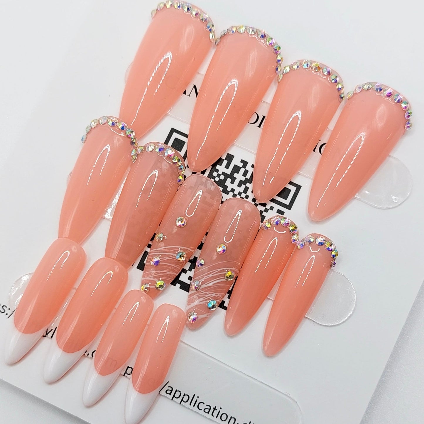 Pink Jelly Crystal Gem Nails (24pcs) - Medium Stiletto