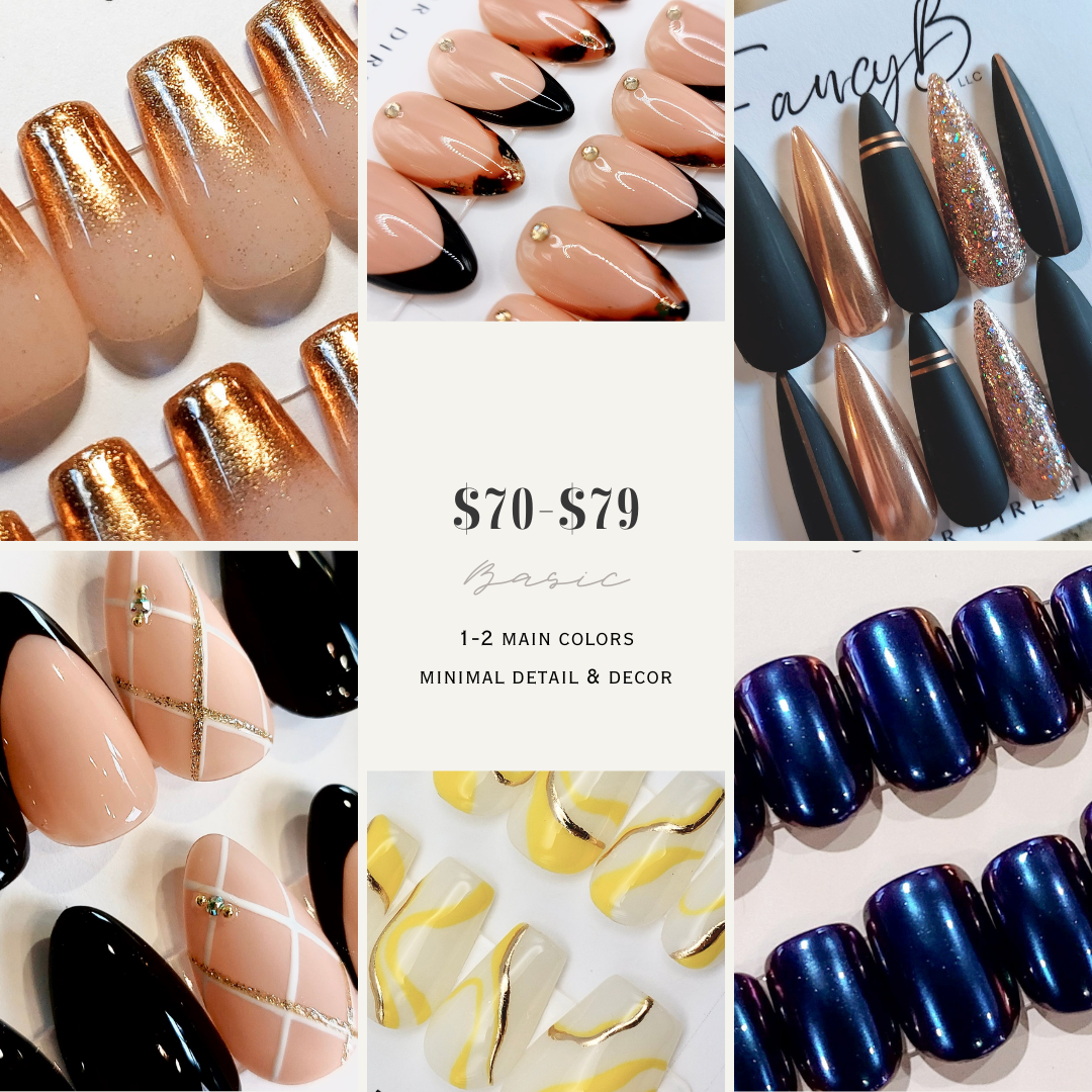 Custom press on nails, hand painted nails in gold chrome ombre, tortoiseshell french tips with gold flakes, matte black and rose gold chrome, black french tips, yellow swirl nails with gold swirls on milky white color, blue and purple chrome nails. Custom press on nail designs.