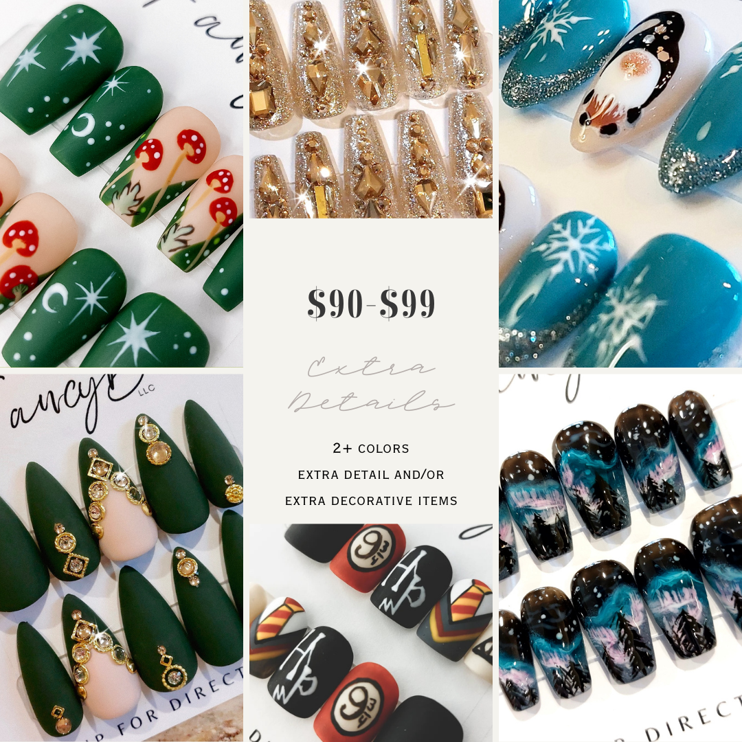 Custom press on nail designs, hand painted mushroom nails, gold glitter nails with lots of gold gems, hand painted gnome nails with snowflakes and glitter french tips, matte green press ons with gold and champagne gems, custom harry potter press on nails and hand painted northern lights nails.