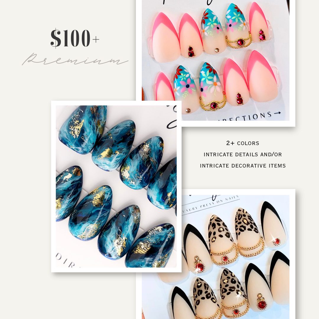Custom hand painted press on nails for sale, request a custom nail set like these blue marble ocean nails with gold accents, hot pink french tip nails with floral designs and teal ombre accents, leopard french tips with gold accents and ruby gems with black french tips.