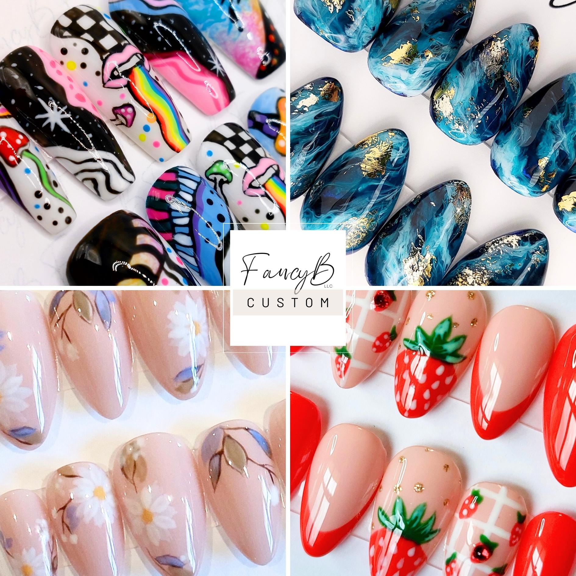 Custom psychedelic maximalist nails with colorful art, ocean beachy blue marble nails in short almond, custom floral nails with hand painted florals in almond shape, custom strawberry nails with hand painted strawberries, mini strawberries, red french accents custom request from FancyB nails