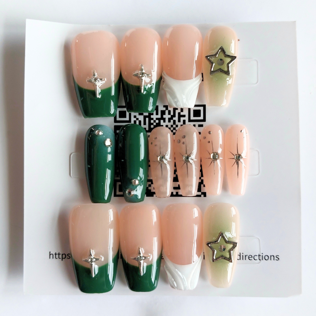 Green Stars &amp; Dreams Nails (24pcs) - Medium Coffin