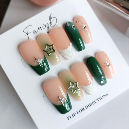 Green Stars &amp; Dreams Nails (24pcs) - Medium Coffin