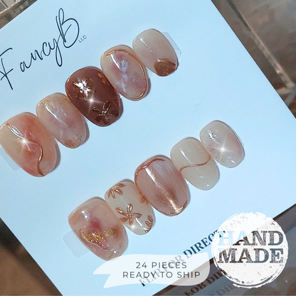 Floral Fantasy, Marble &amp; Gold Nails (24pcs) - Short Oval