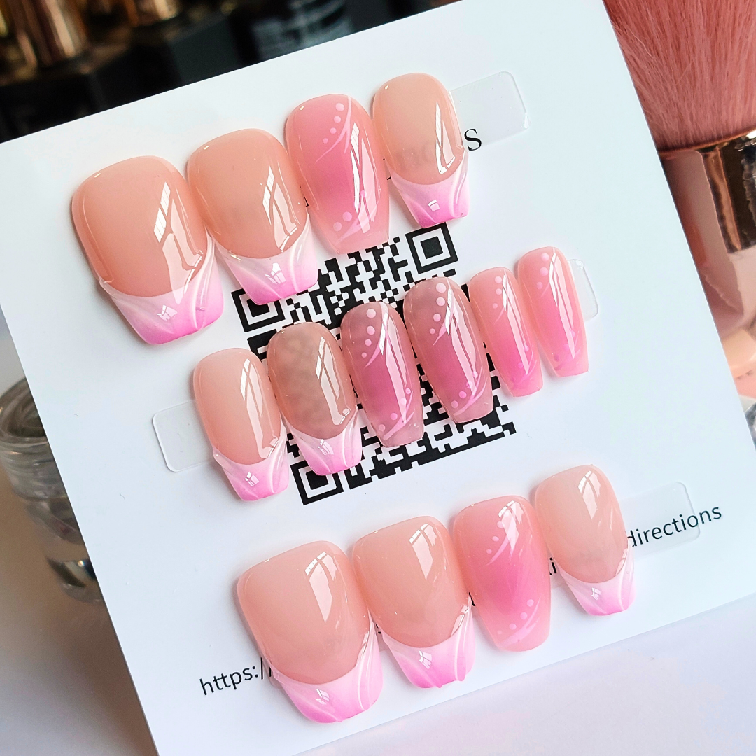 Pink Swirl French Tip Nails (24pcs) - Short Coffin