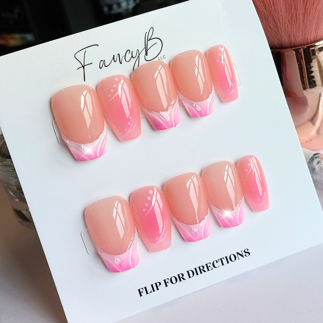 Pink Swirl French Tip Nails (24pcs) - Short Coffin