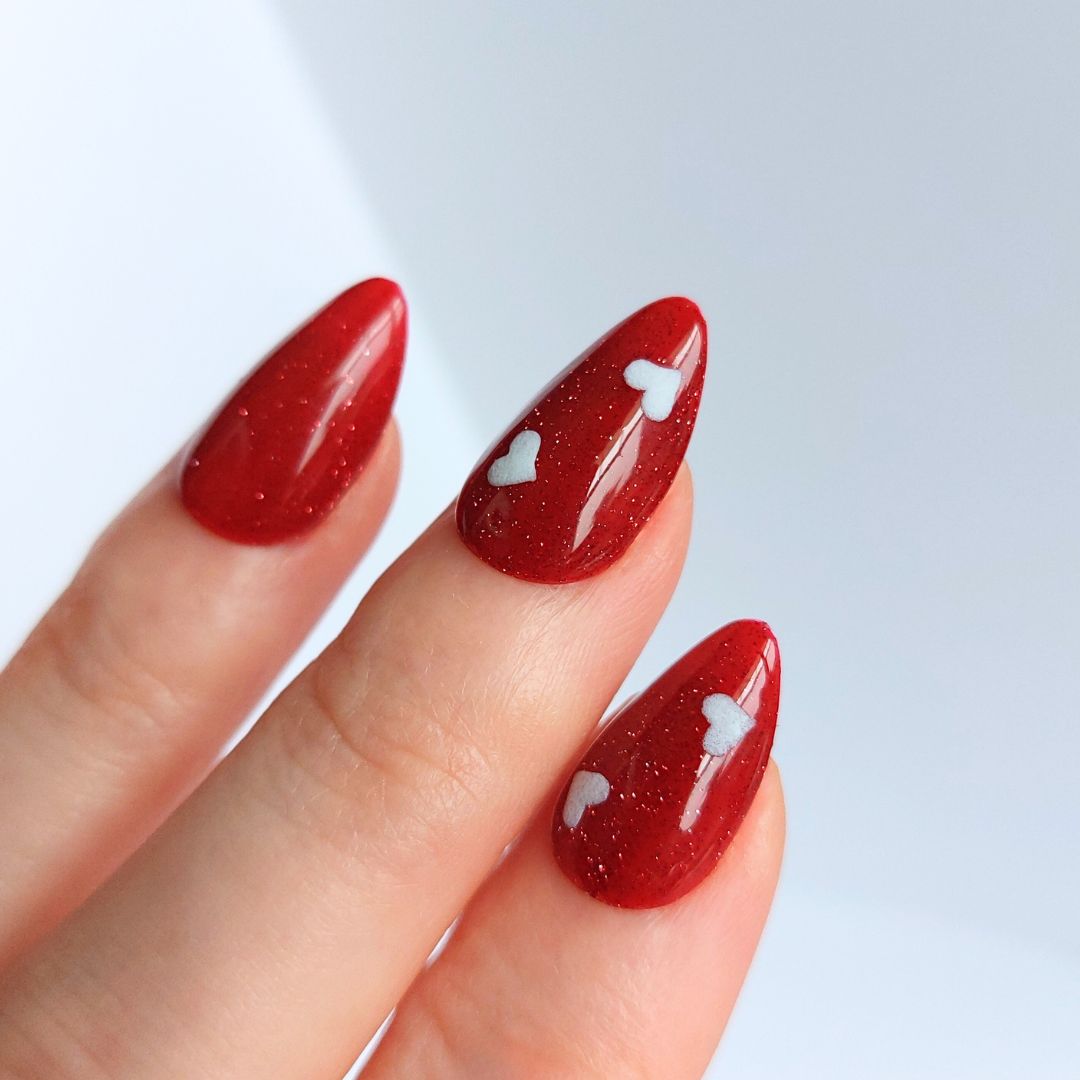 Red Glitter with Hearts Press on Nails (10pcs)