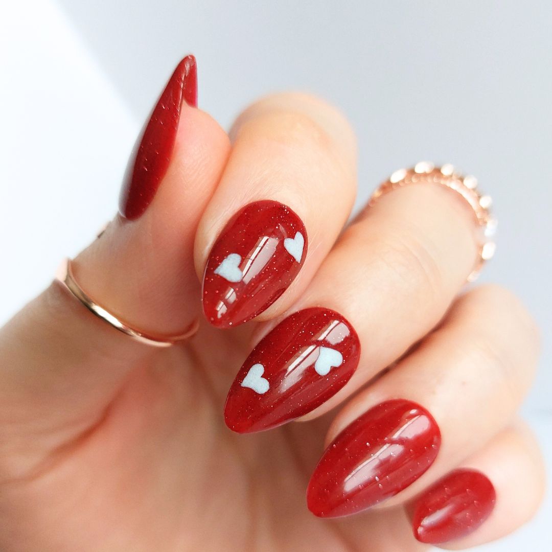 Red Glitter with Hearts Press on Nails (10pcs)