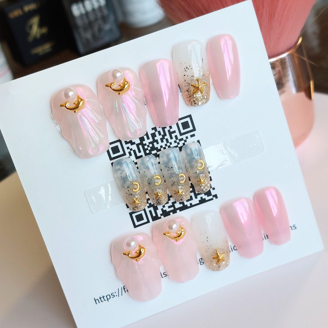 Pink Seashell Nails (24pcs) - Short Coffin