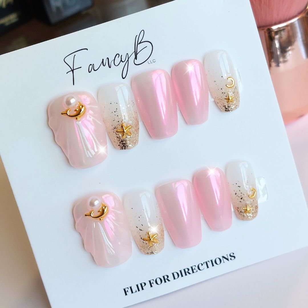 Pink Seashell Nails (24pcs) - Short Coffin