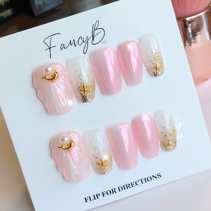 Pink Seashell Nails (24pcs) - Short Coffin