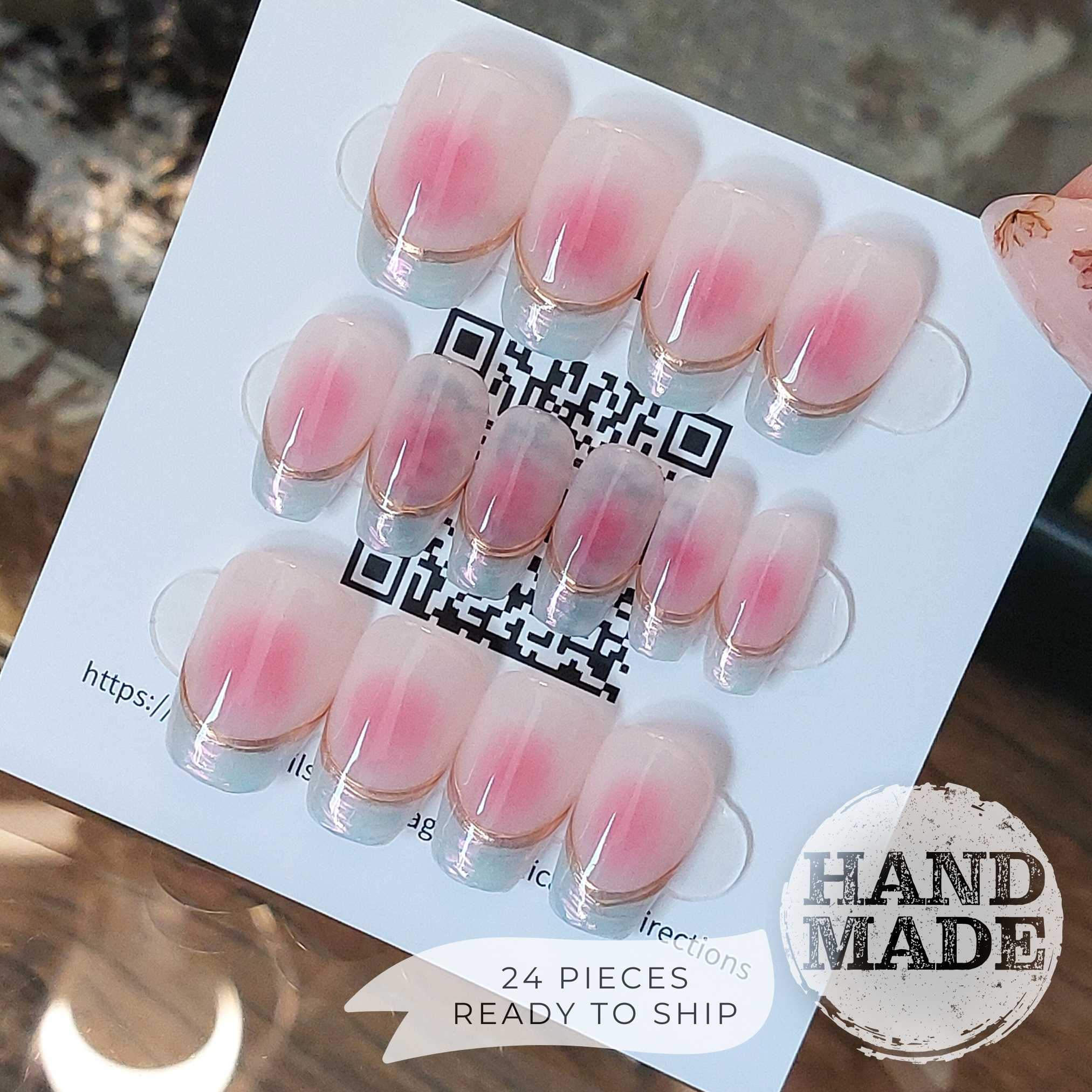 Blush jelly nails, blush press on nails with pink center and nude base gel, gold chrome french lines and pearl french tips, reusable nails. FancyB press on nails shown in short coffin.