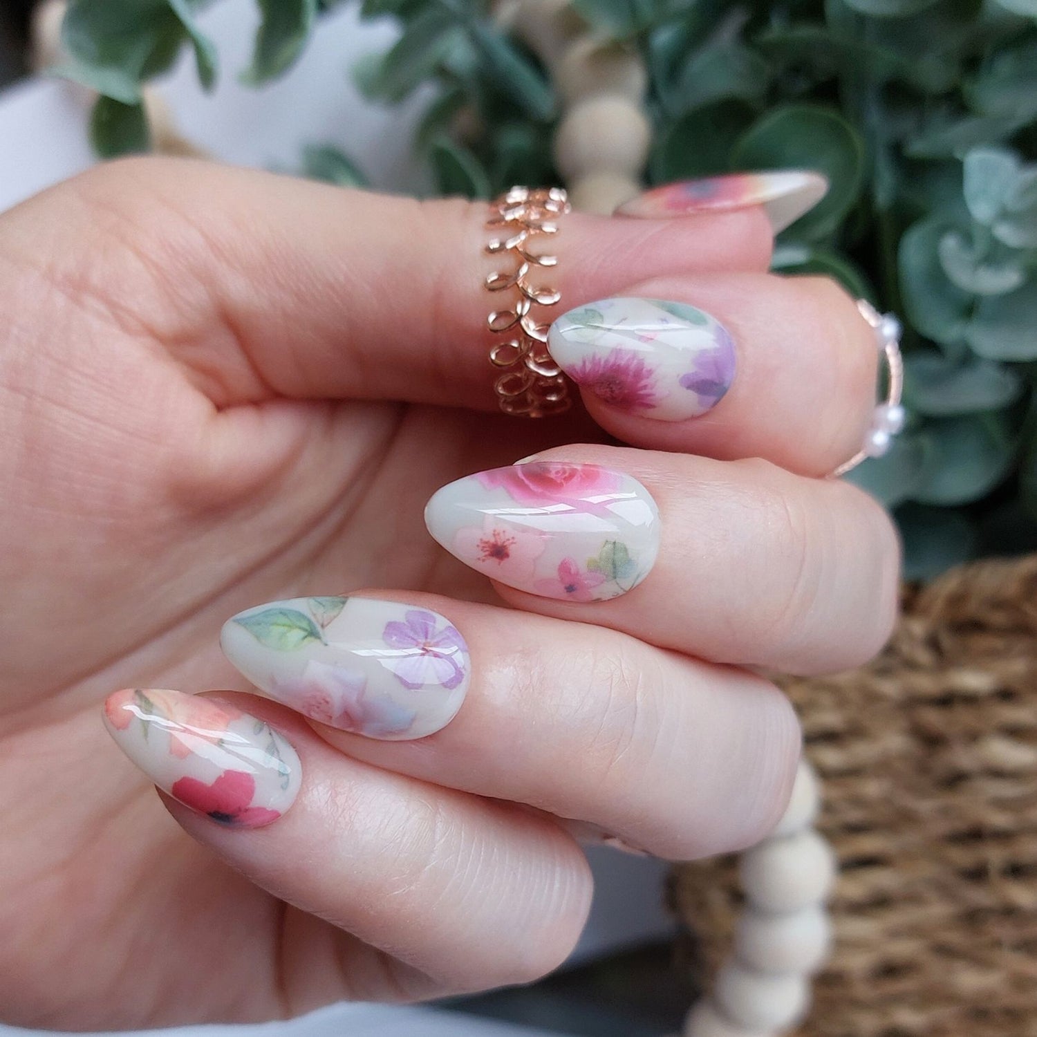 milk bath press on nails with colorful flowers and milky white color on short almond nails from fancyb press on nails