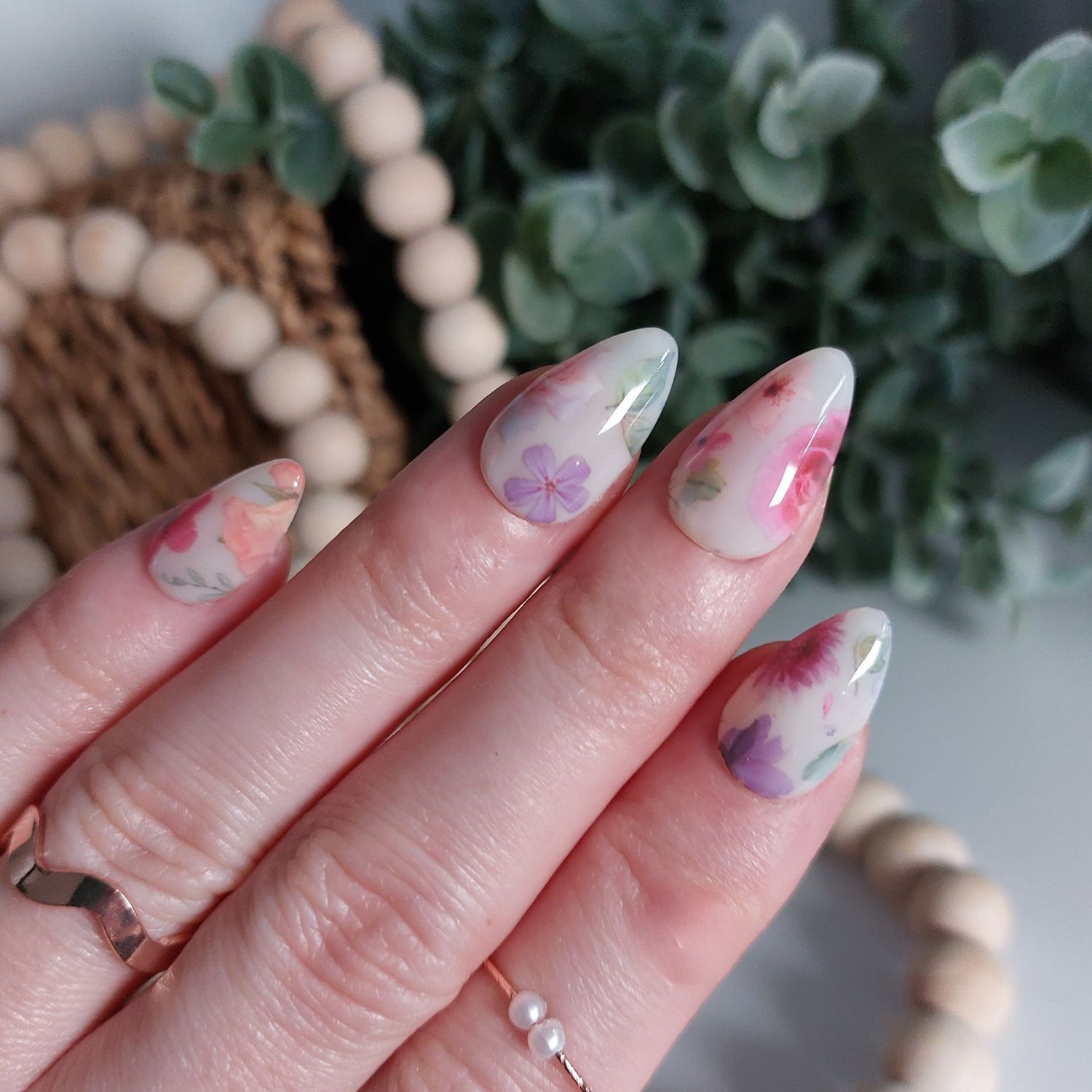 milk bath press on nails with colorful flowers and milky white color on short almond nails from fancyb press on nails
