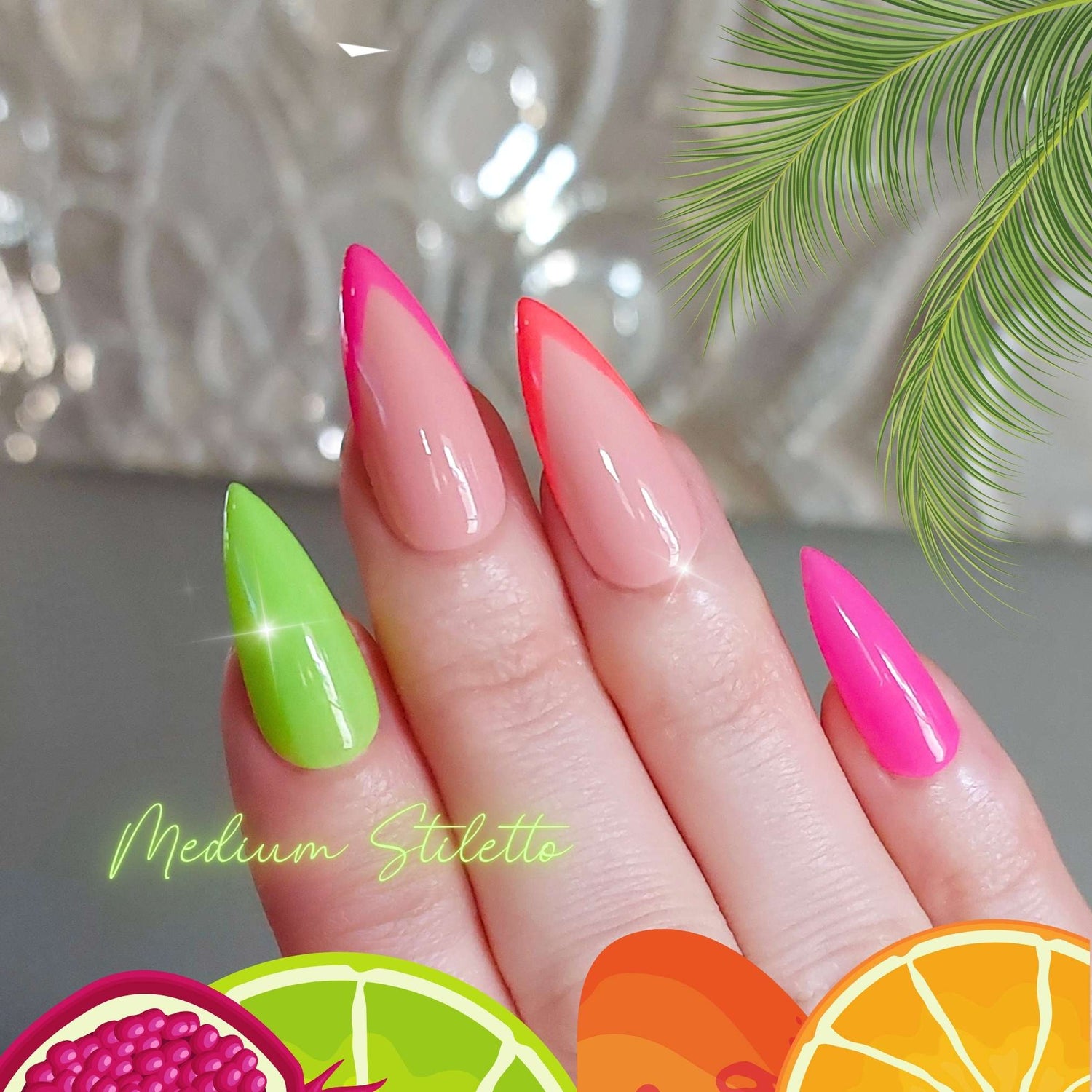 Neon nails with v-french middle and ring, lime green, fuchsia pink, and neon coral colors on sharp stiletto fancyb luxury nails