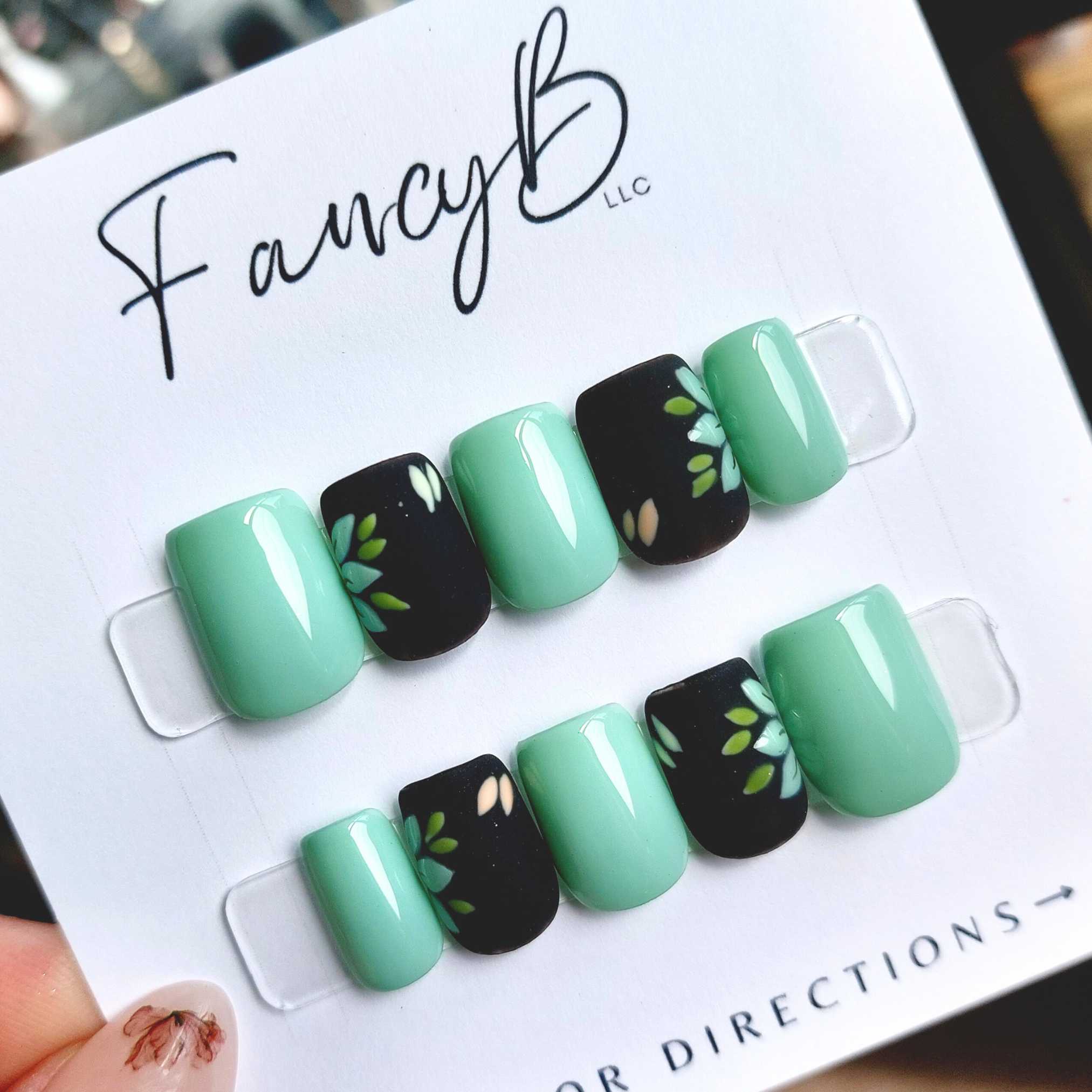 custom nails seafoam green tropical with matte black and florals with leaves and gloss tiffany blue in extra short square, fancyb handmade press on nails 