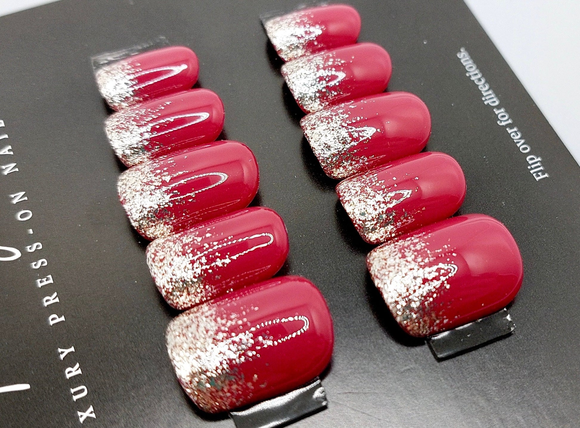 Raspberry Glitter Tips with Silver Glitter on Short Squoval Press on Nails. Handmade, resuable press ons. Fancyb nails.
