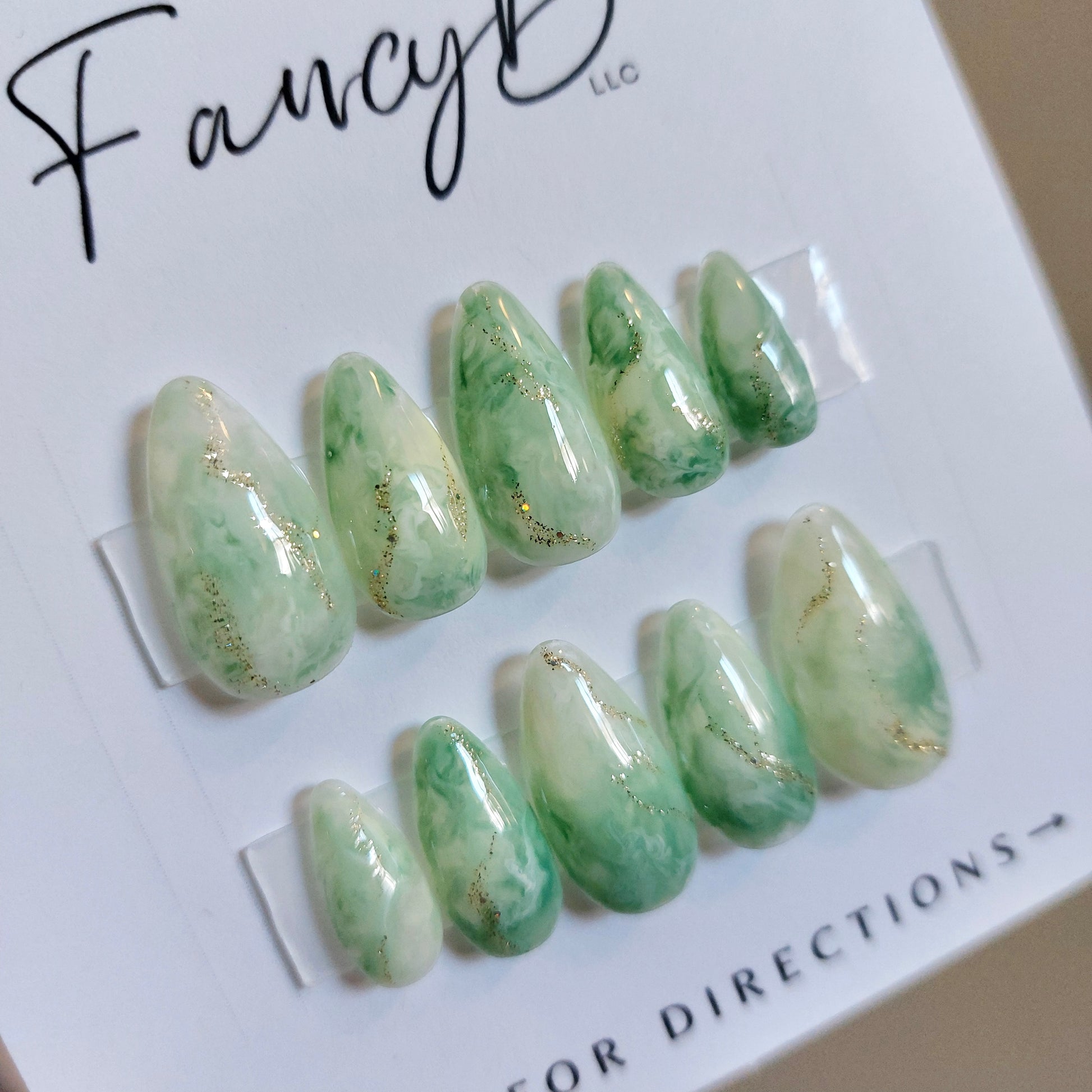 green jade stone press on nails, handmade luxury press ons. fancyb nails