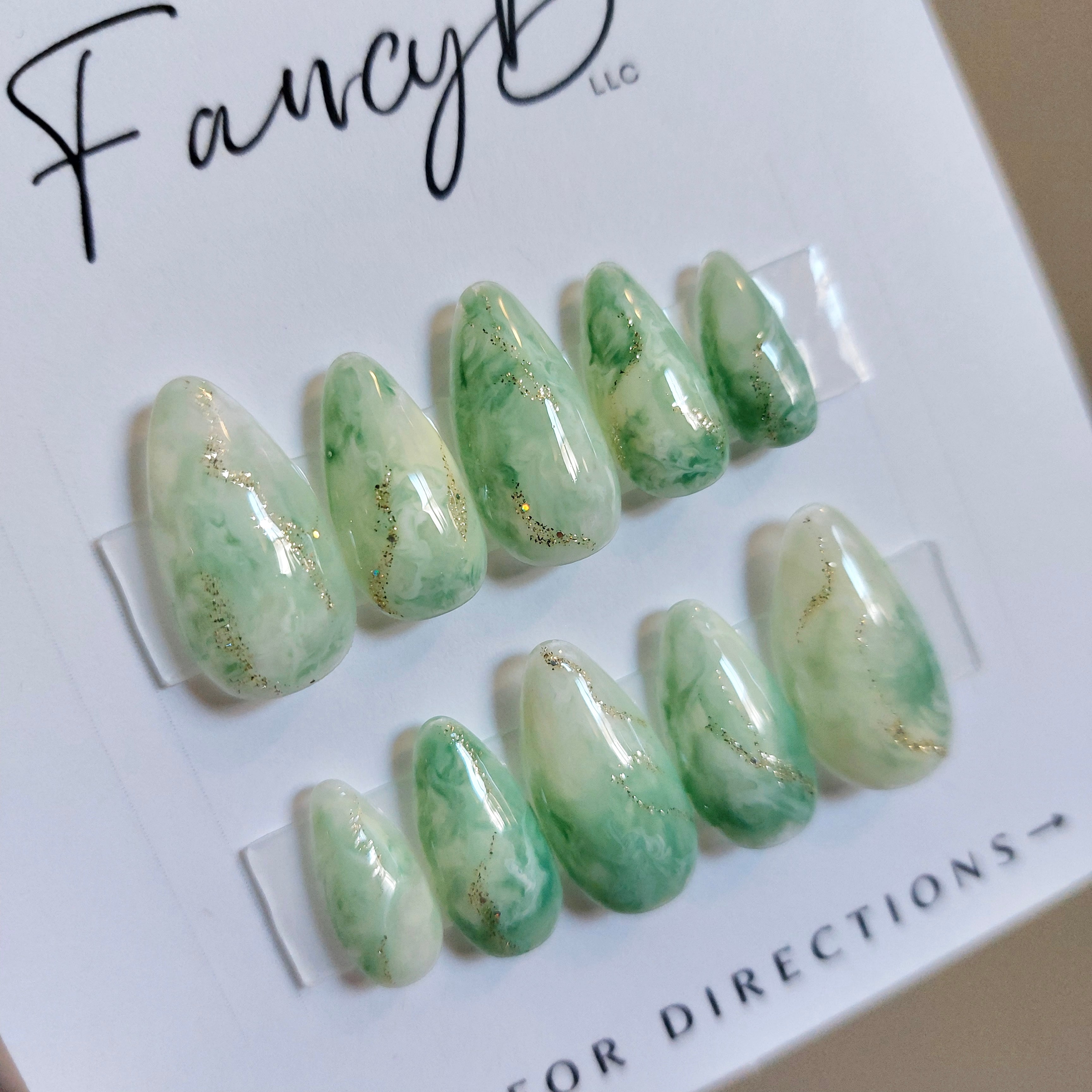 green jade stone press on nails, handmade luxury press ons. fancyb nails. St. Patrick&