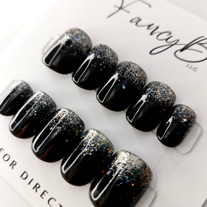 Black Glitter Tips with Silver Glitter on Short Squoval Press on Nails. Handmade, resuable press ons. Fancyb nails.