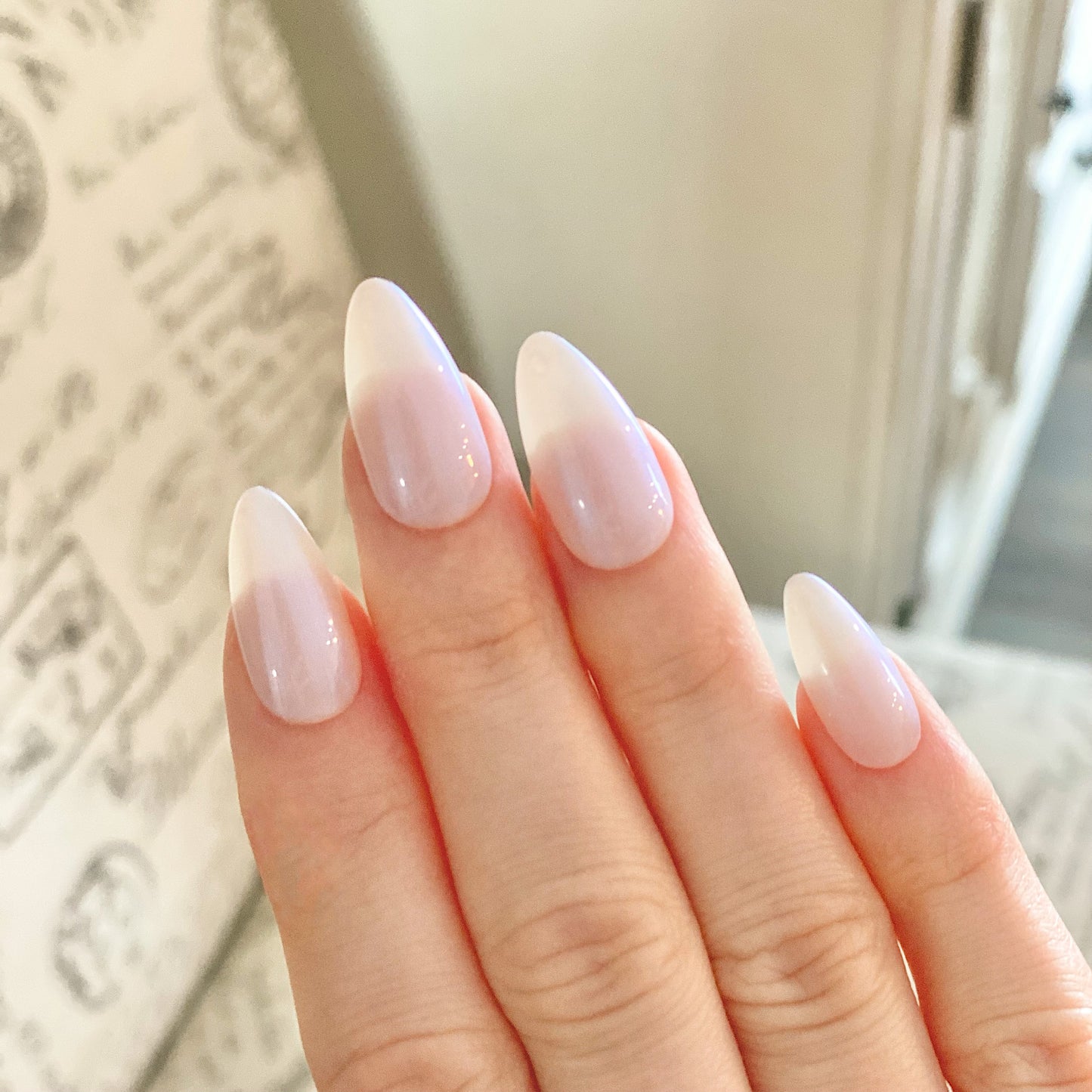 Hailey Beiber Pink Neochrome Pearlescent Glazed Donut Press on Nails in Short Almond, Medium Almond