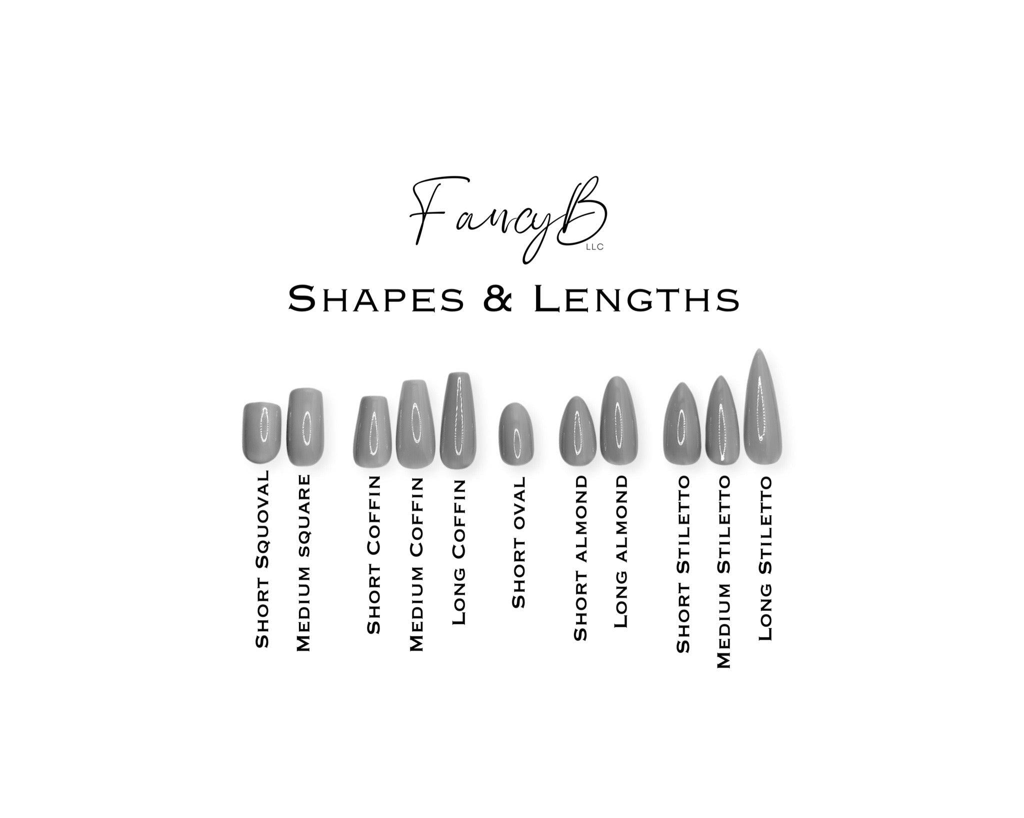 All available nail shapes. Short squoval, medium square, short coffin, medium coffin, long coffin, short oval, short almond, long almond, short stiletto, medium stiletto, and long stiletto.