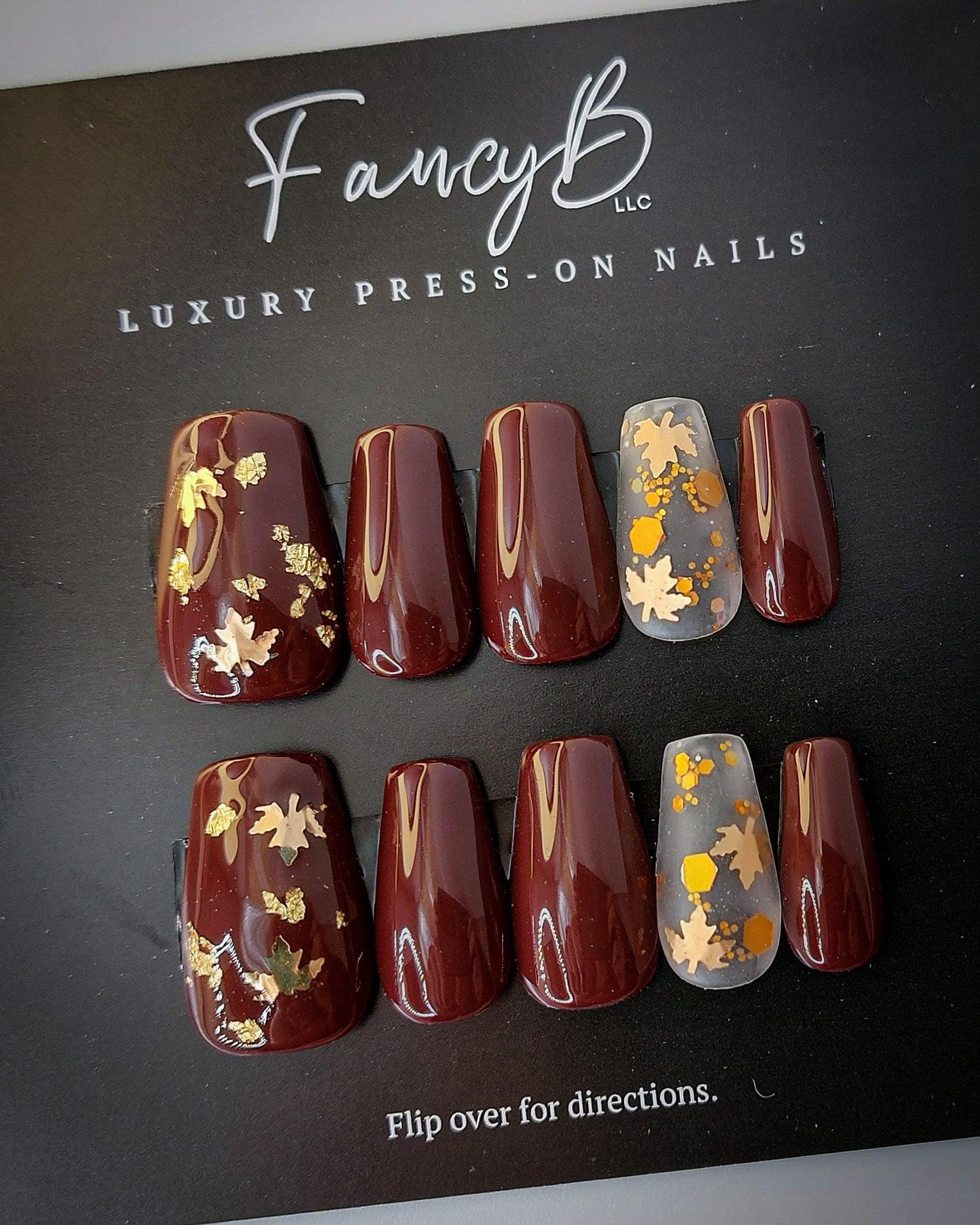 Autumn Aura | The Perfect Fall Press on Nails with Gold Leaf Nail Art - FancyB Press-on Nails
