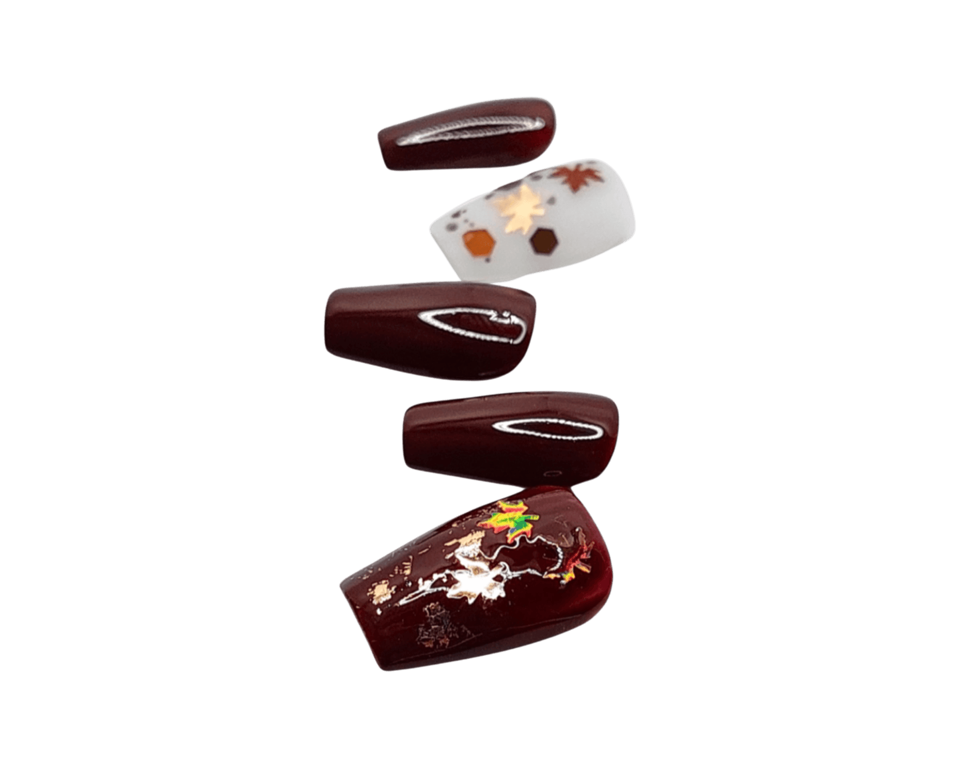 Sexy fall press on nails in a deep wine red with gold flakes and gold leaves, with a semi-transparent matte accent nail. Shown in a short coffin shape.