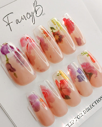 Blooming Ombré | Floral Ombré Press on Nails, Fading into Flowers with a Clear Tip - FancyB Press-on Nails