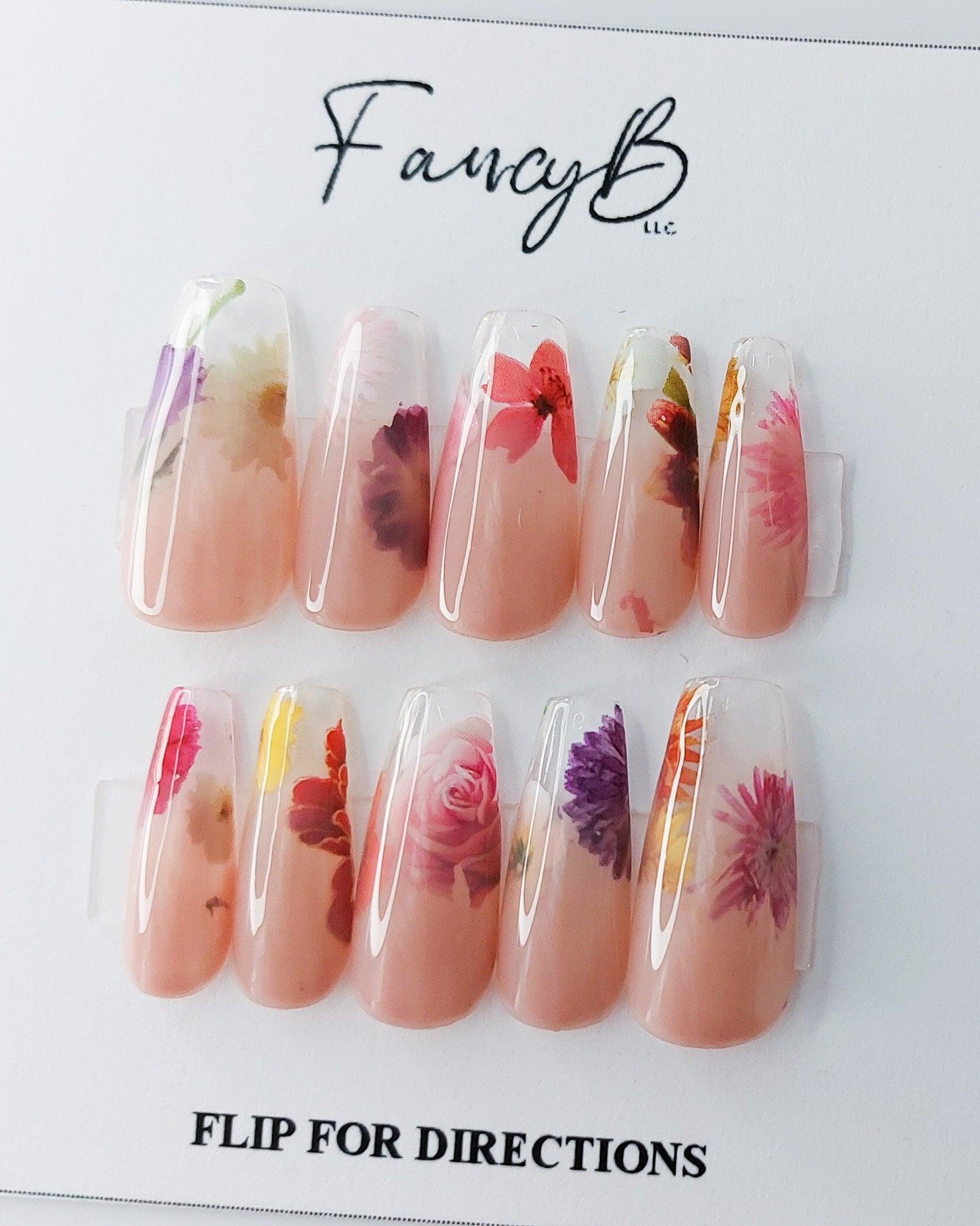 Blooming Ombré | Floral Ombré Press on Nails, Fading into Flowers with a Clear Tip - FancyB Press-on Nails