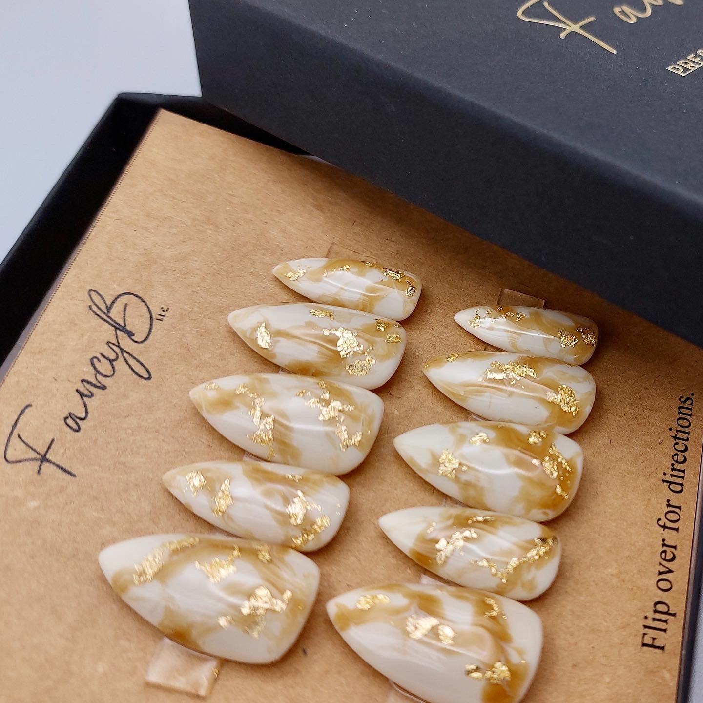 Caramel Apple | Creamy White Press on Nails with Marble and Gold Flakes - FancyB Press-on Nails