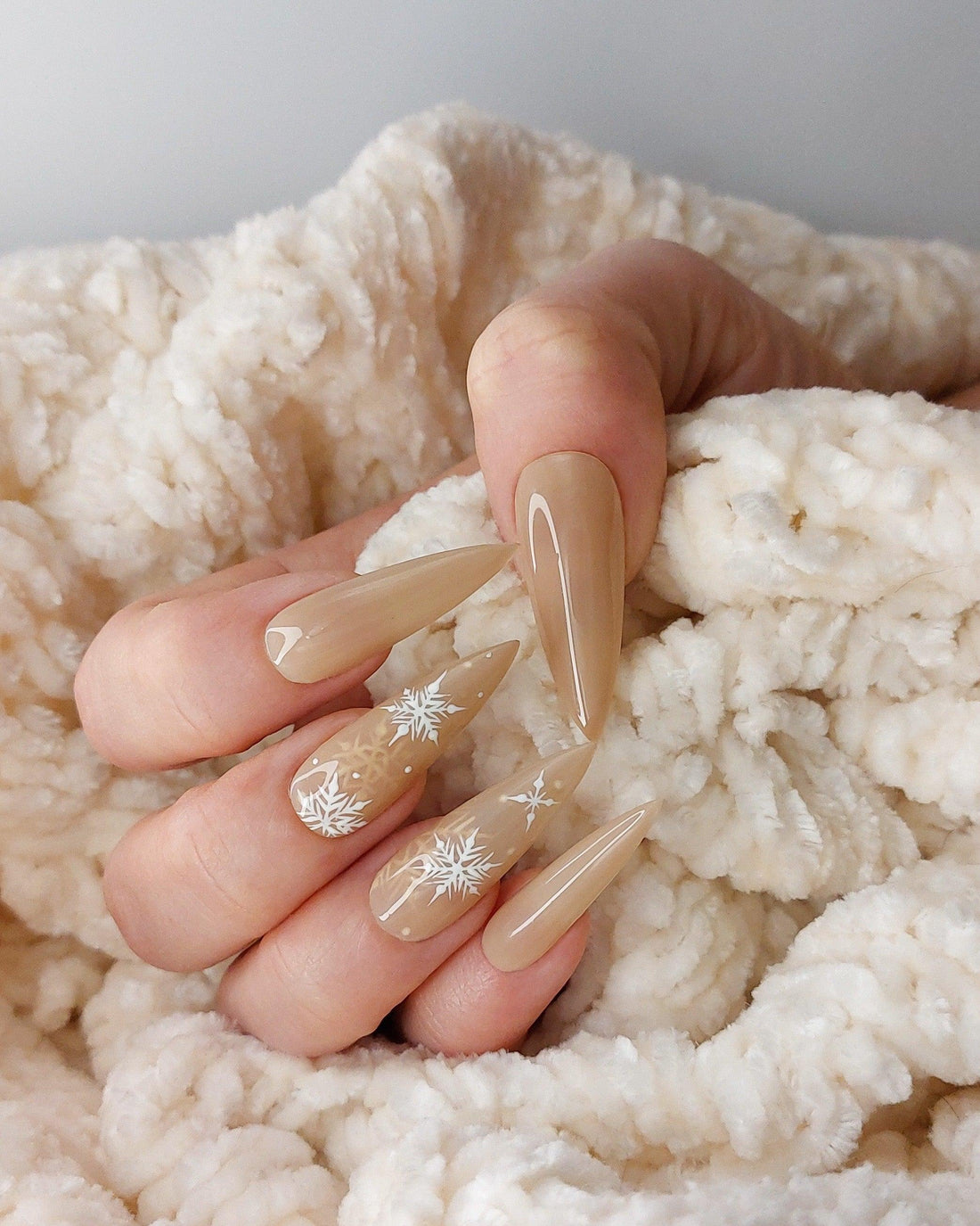 Cashmere Frost | Nude Jelly Press on Nails with Semi-transparent Layers of Snowflakes - FancyB Press-on Nails