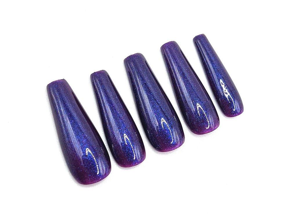Metallic Purple Press on Nails, extra glossy metallic glue on nails. shown in long ballerina nail shape.