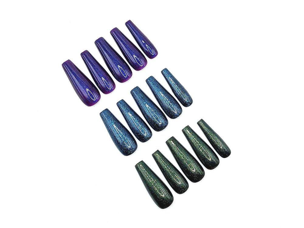 Metallic Purple, metallic green, and metallic blue Press on Nails, extra glossy metallic glue on nails.