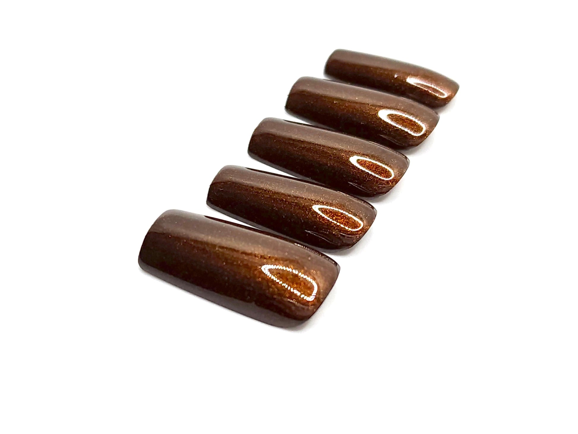Metallic auburn brown Press on Nails, extra glossy metallic glue on nails.