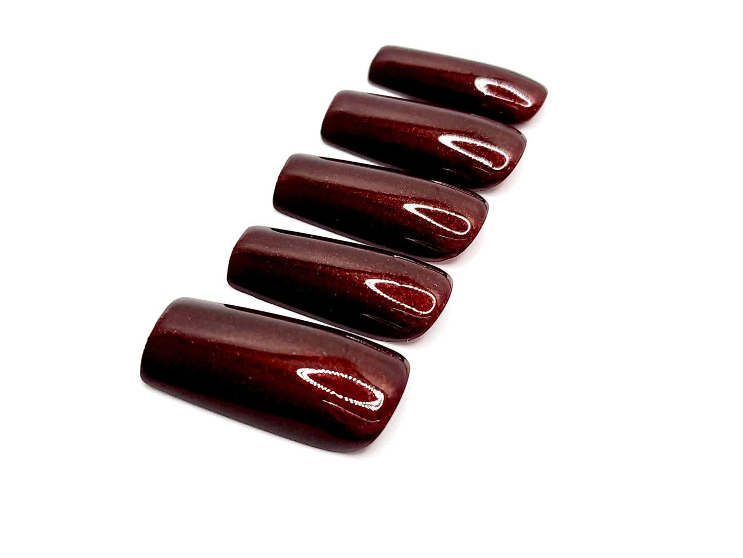 Metallic dark red Press on Nails, extra glossy metallic glue on nails.