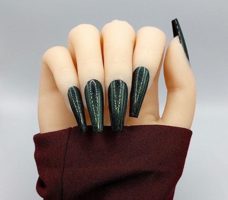 Metallic forest green Press on Nails, extra glossy metallic stick on nails.