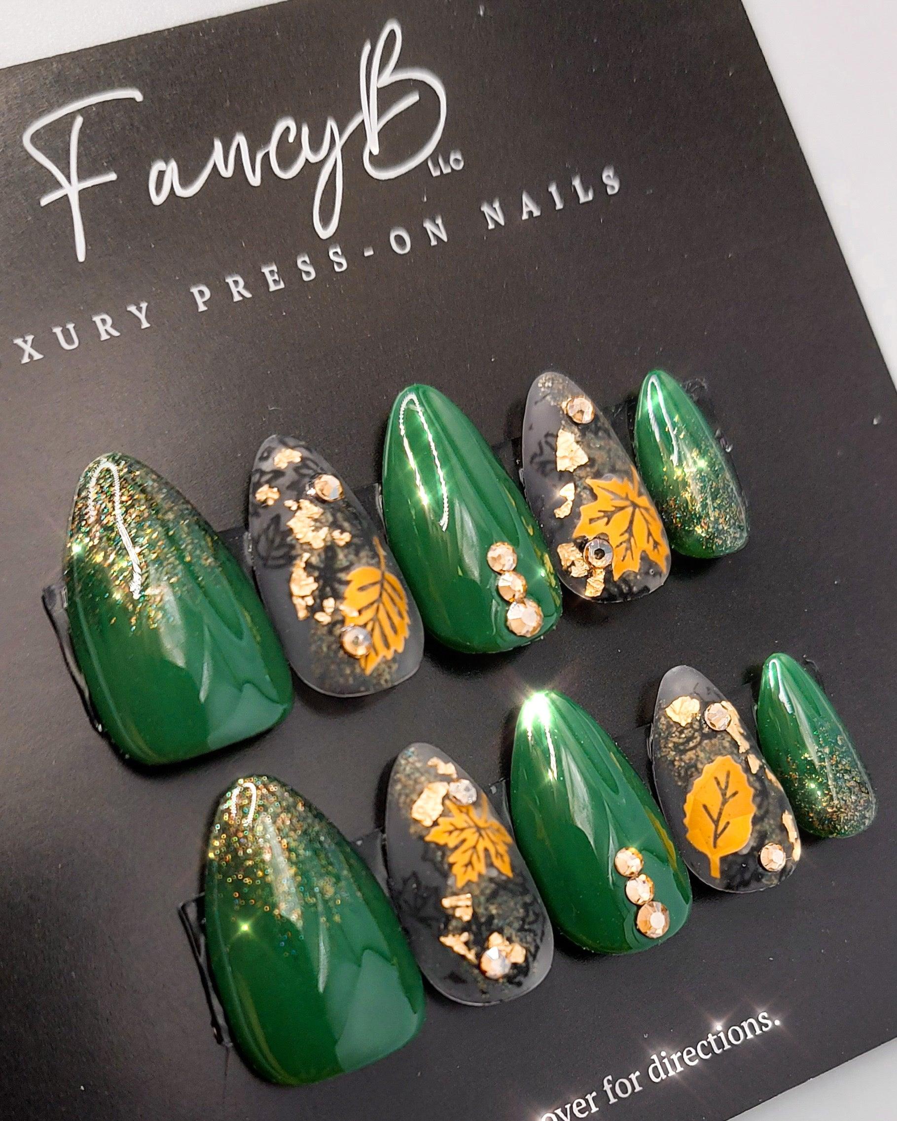 Deciduous Forest | Deep Green Fall Nails with Gold Flake and Leaf Accents - FancyB Press-on Nails