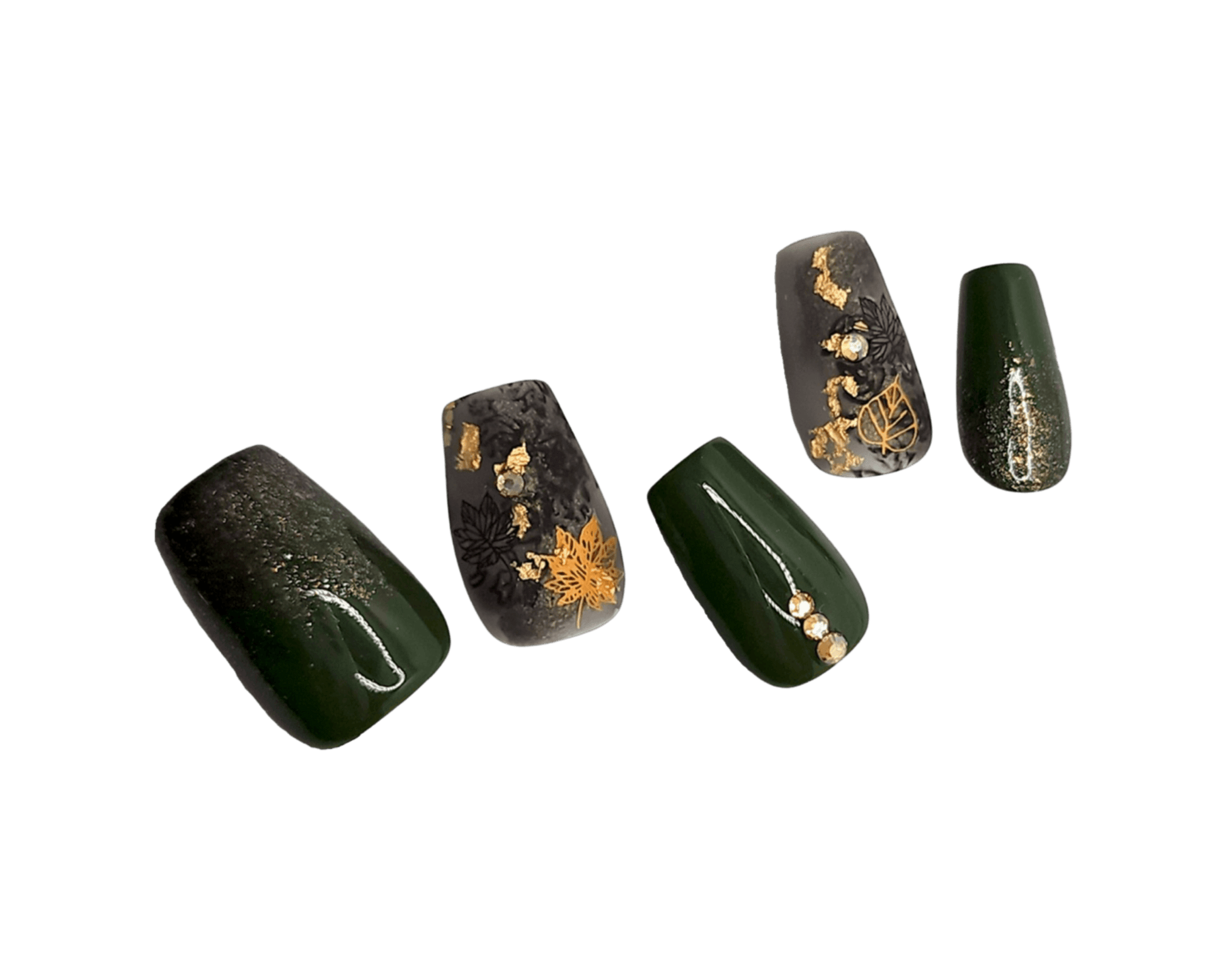 Dark Forest Green Nails-matte Green-gold Nail Art-gold Flakes-long  Ballerina Nails 